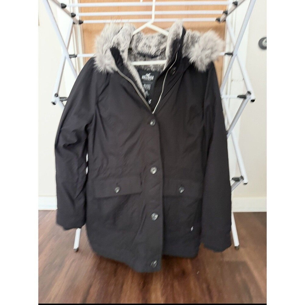 HOLLISTER HERITAGE FAUX FUR LINED PARKA JACKET COAT BLACK WOMENS SIZE XL Y2K
